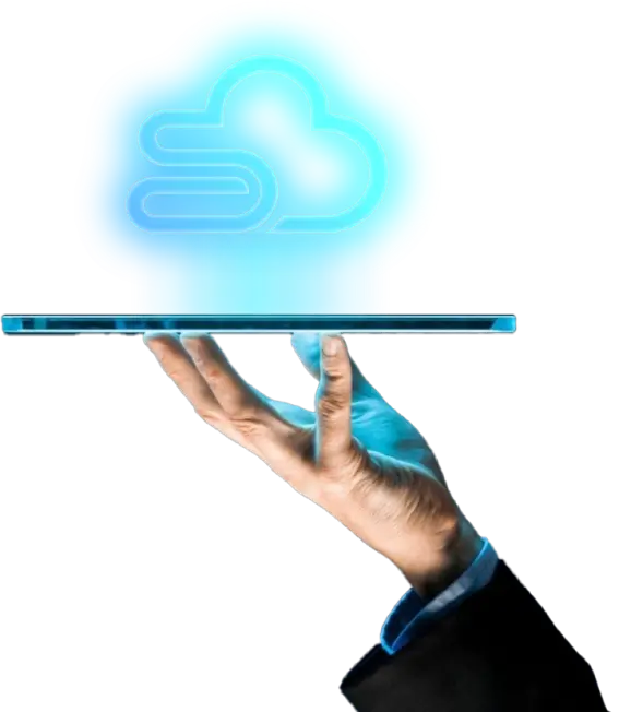 Hand holding tablet with glowing cloud